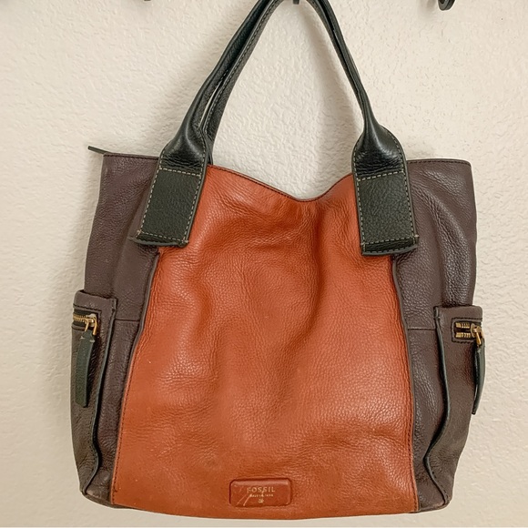 Fossil Brown and Black Soft Leather Satchel Handbag Purse Top Handle 3 Colorway - Picture 1 of 14